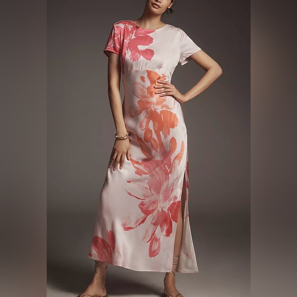 ANTHROPOLOGIE SATIN NAXI FLORAL SLIP DRESS